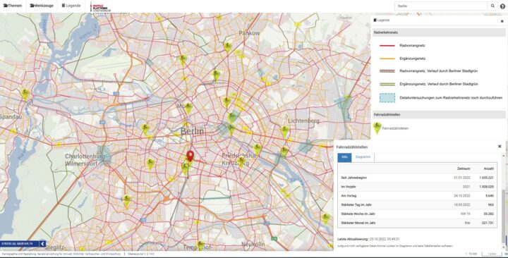 Karte von Berlin mit Radvorrangnetz und Fahrradzählstellen